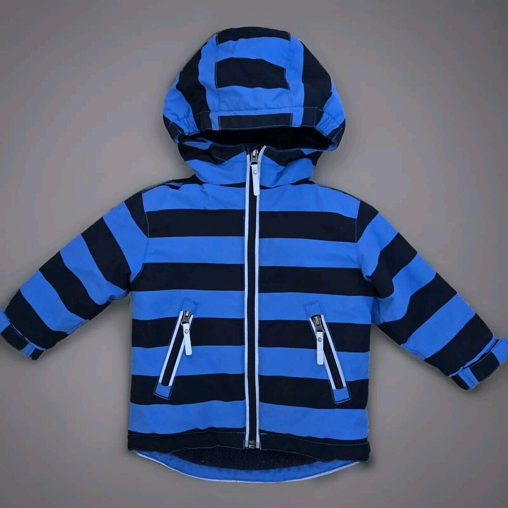 Hanna Andersson Fleece Lined Anorak Aviator Jacket Hooded Navy/Blue Striped 2yrs